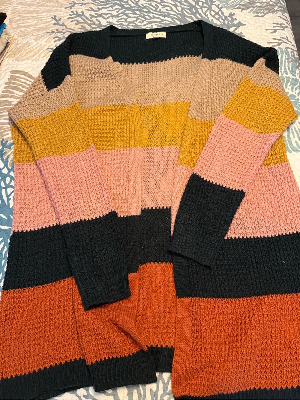 Umgee Colorblock Open-Front Cardigan - Pink, Mustard, Black, Rust, Tan